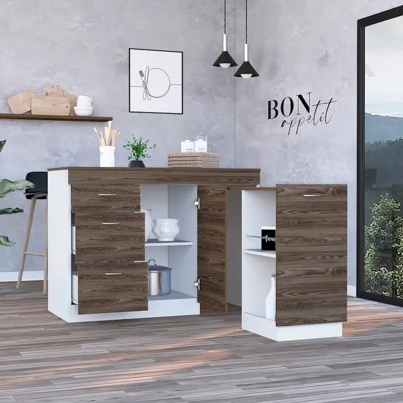 Îlot de cuisine pour cuisine, salle à manger, blanc / noyer foncé