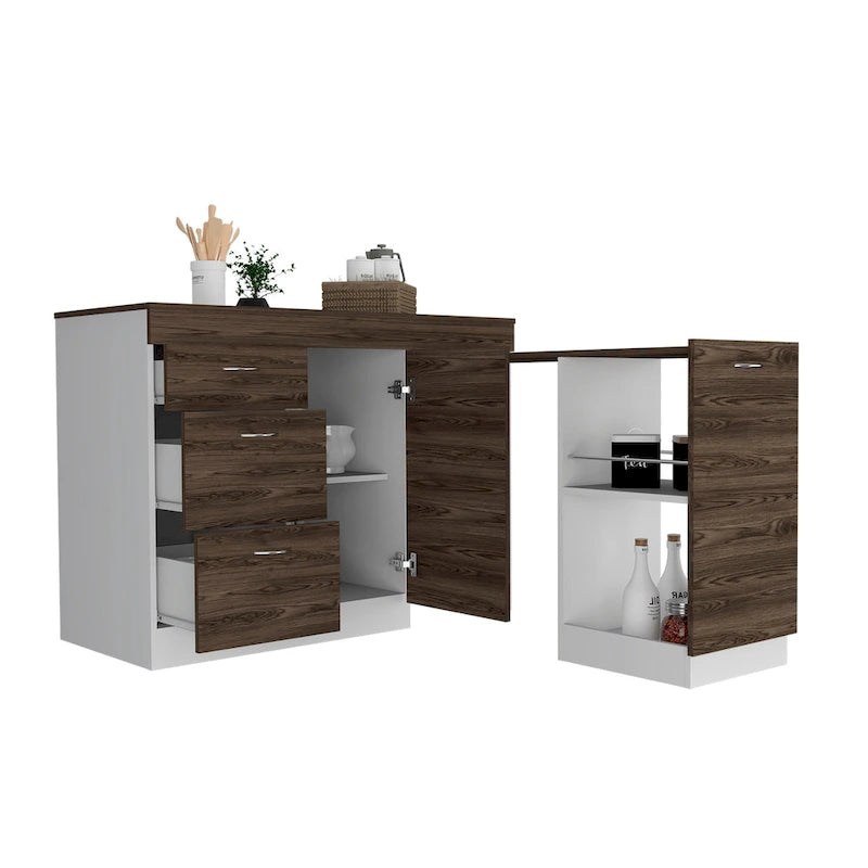 Îlot de cuisine pour cuisine, salle à manger, blanc / noyer foncé