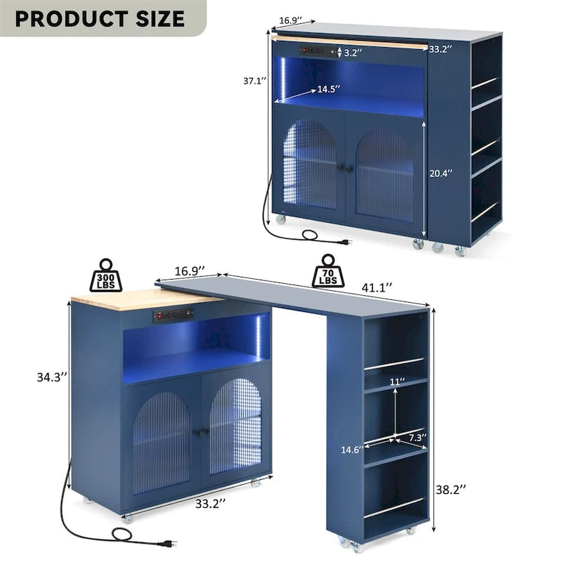 Îlot de cuisine roulant avec table extensible, Îlot de cuisine sur roulettes