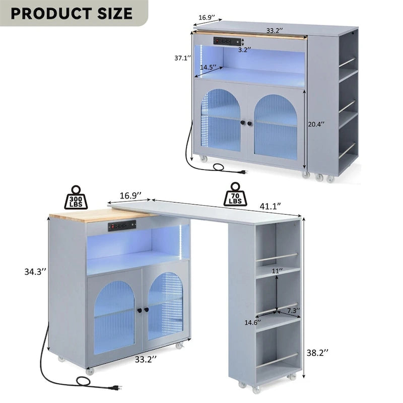 Îlot de cuisine roulant avec table extensible, Îlot de cuisine sur roulettes