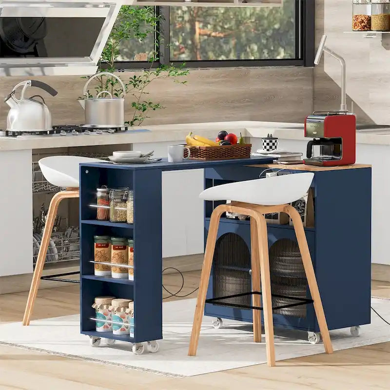 Îlot de cuisine roulant avec table extensible, Îlot de cuisine sur roulettes