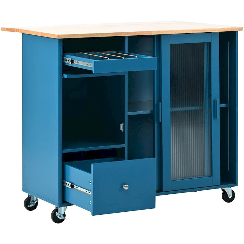Îlot de cuisine de 111,76 cm de large avec plateau en bois d'hévéa à abattant sur 5 roulettes avec étagère réglable et 2 tiroirs - 44