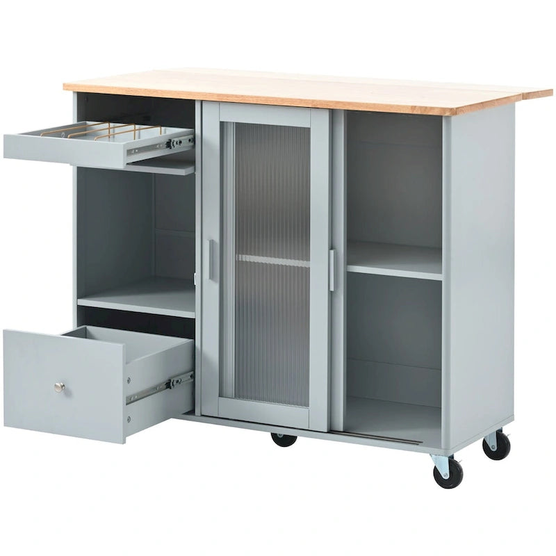 Îlot de cuisine de 111,76 cm de large avec plateau en bois d'hévéa à abattant sur 5 roulettes avec étagère réglable et 2 tiroirs - 44