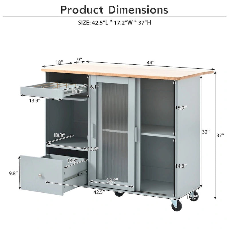 Îlot de cuisine de 111,76 cm de large avec plateau en bois d'hévéa à abattant sur 5 roulettes avec étagère réglable et 2 tiroirs - 44