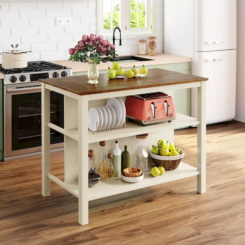 Îlot de cuisine rustique en bois massif de 114 cm avec plateau en bloc de boucher, 2 étagères, noyer et blanc crème