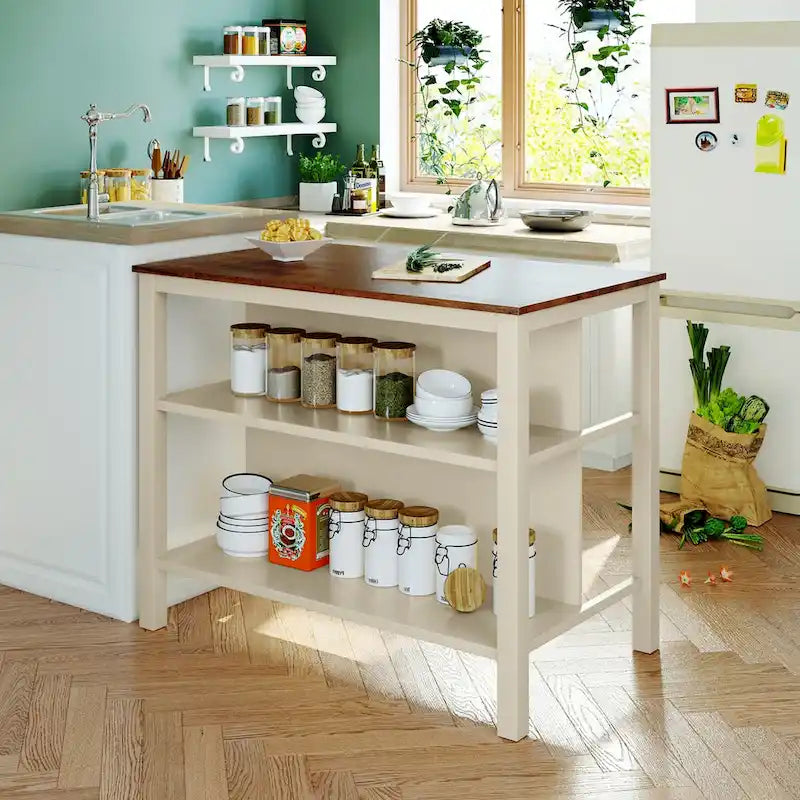 Îlot de cuisine rustique en bois massif de 114 cm avec plateau en bloc de boucher, 2 étagères, noyer et blanc crème