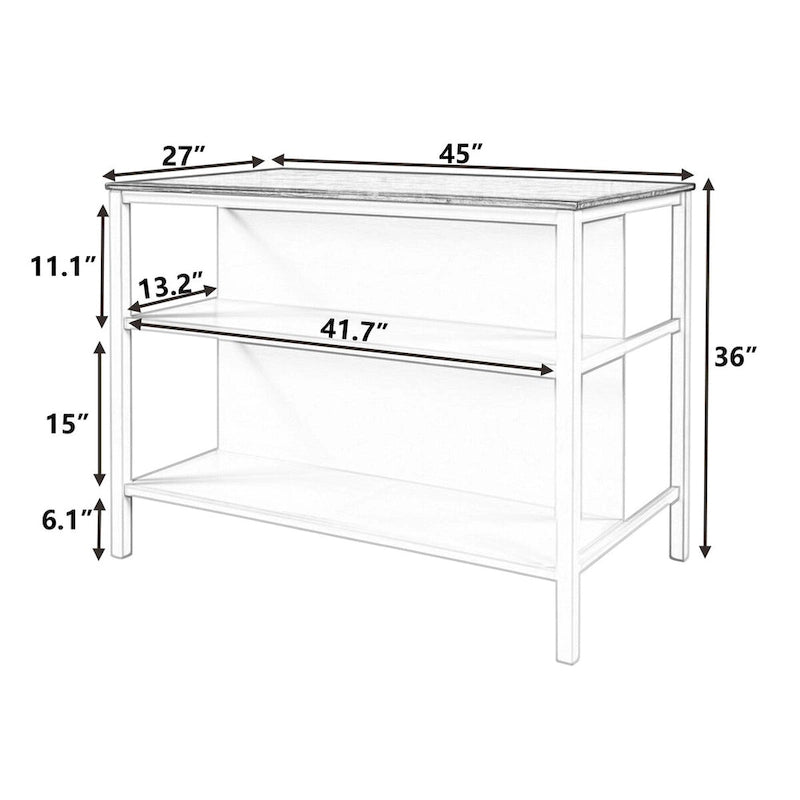 Îlot de cuisine rustique en bois massif de 114 cm avec plateau en bloc de boucher, 2 étagères, noyer et blanc crème