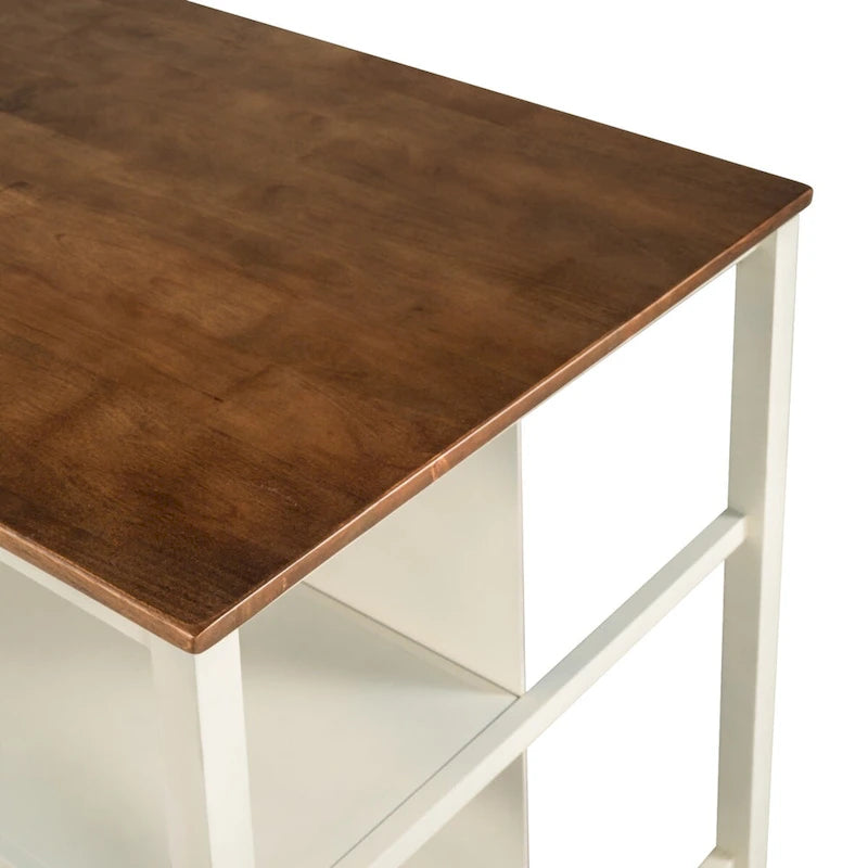 Îlot de cuisine rustique en bois massif de 114 cm avec plateau en bloc de boucher, 2 étagères, noyer et blanc crème