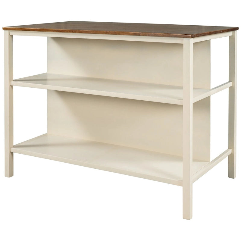 Îlot de cuisine rustique en bois massif de 114 cm avec plateau en bloc de boucher, 2 étagères, noyer et blanc crème
