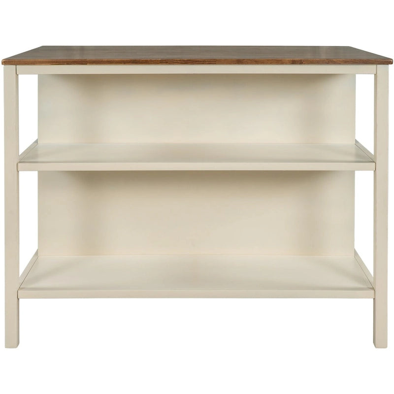 Îlot de cuisine rustique en bois massif de 114 cm avec plateau en bloc de boucher, 2 étagères, noyer et blanc crème
