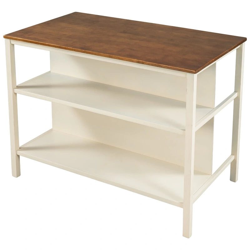 Îlot de cuisine rustique en bois massif de 114 cm avec plateau en bloc de boucher, 2 étagères, noyer et blanc crème