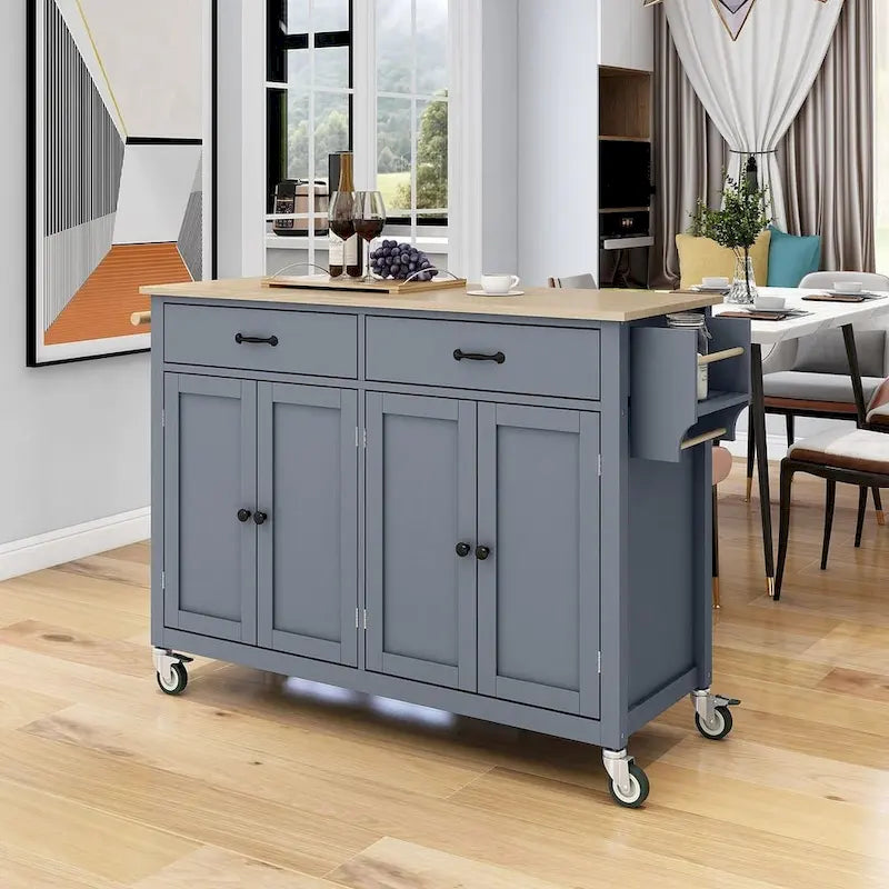 Kitchen Island Cart with Solid Wood Top, Locking Wheels, Spice & Towel Rack