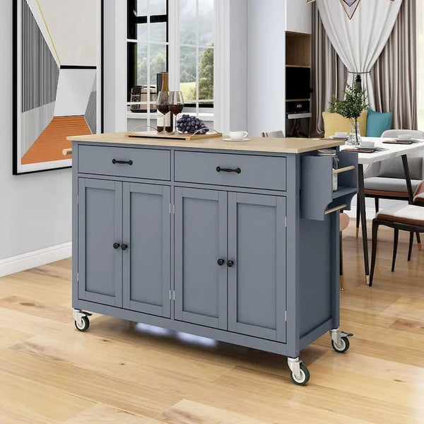 Kitchen Island Cart with Solid Wood Top, Locking Wheels, Spice & Towel Rack