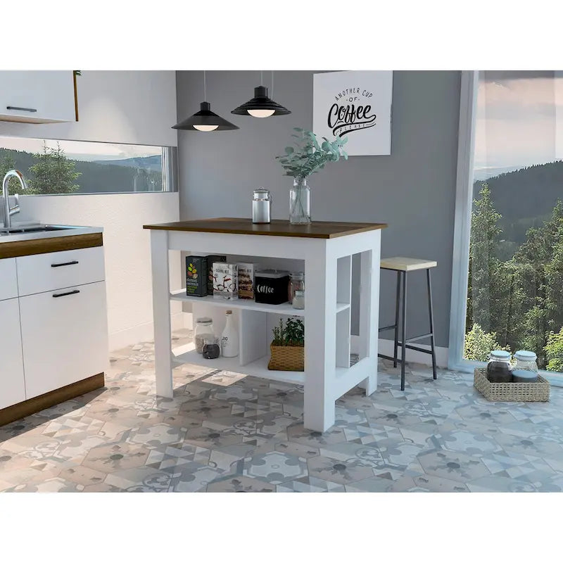 Îlot de Cuisine Ouvert, 4 Pieds, Trois Étagères - Blanc / Noyer