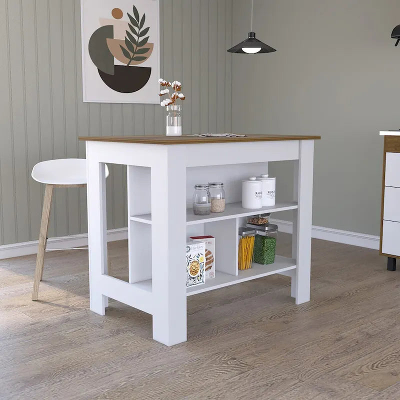 Îlot de Cuisine Ouvert, 4 Pieds, Trois Étagères - Blanc / Noyer