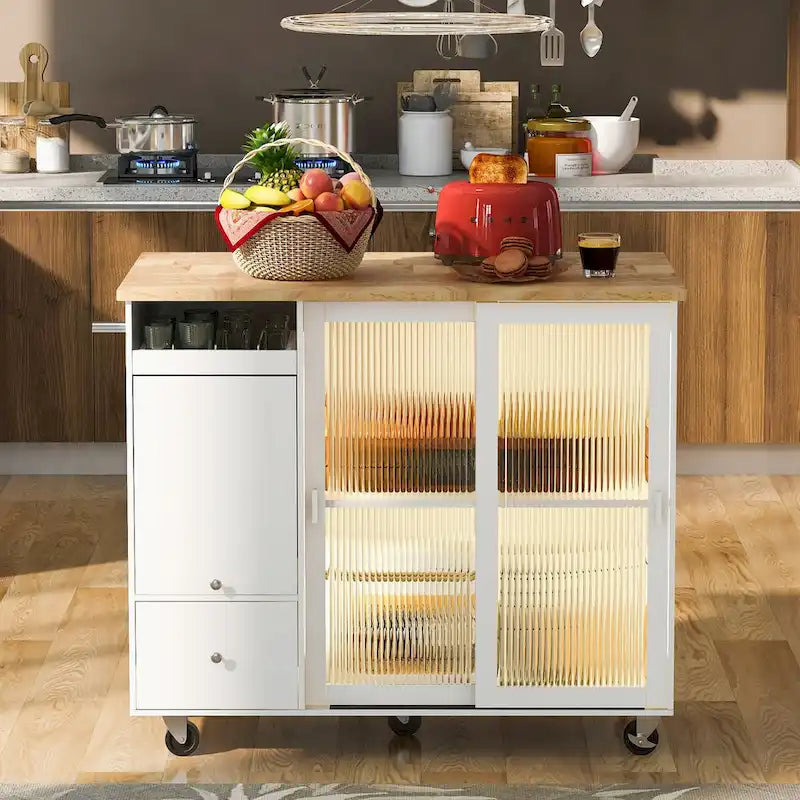 Îlot de cuisine avec abattant, chariot lumineux à LED sur roulettes avec 2 portes en verre cannelé, étagère réglable, 2 tiroirs, 1 porte d'armoire à rabat