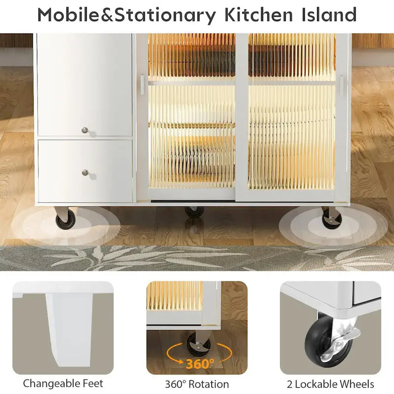 Îlot de cuisine avec abattant, chariot lumineux à LED sur roulettes avec 2 portes en verre cannelé, étagère réglable, 2 tiroirs, 1 porte d'armoire à rabat