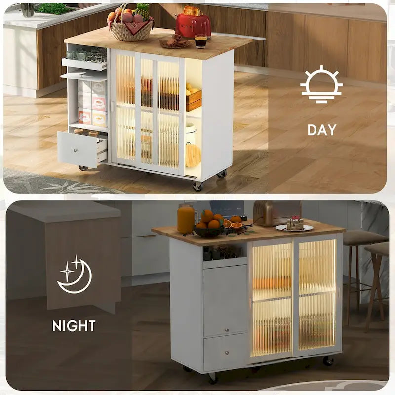 Îlot de cuisine avec abattant, chariot lumineux à LED sur roulettes avec 2 portes en verre cannelé, étagère réglable, 2 tiroirs, 1 porte d'armoire à rabat