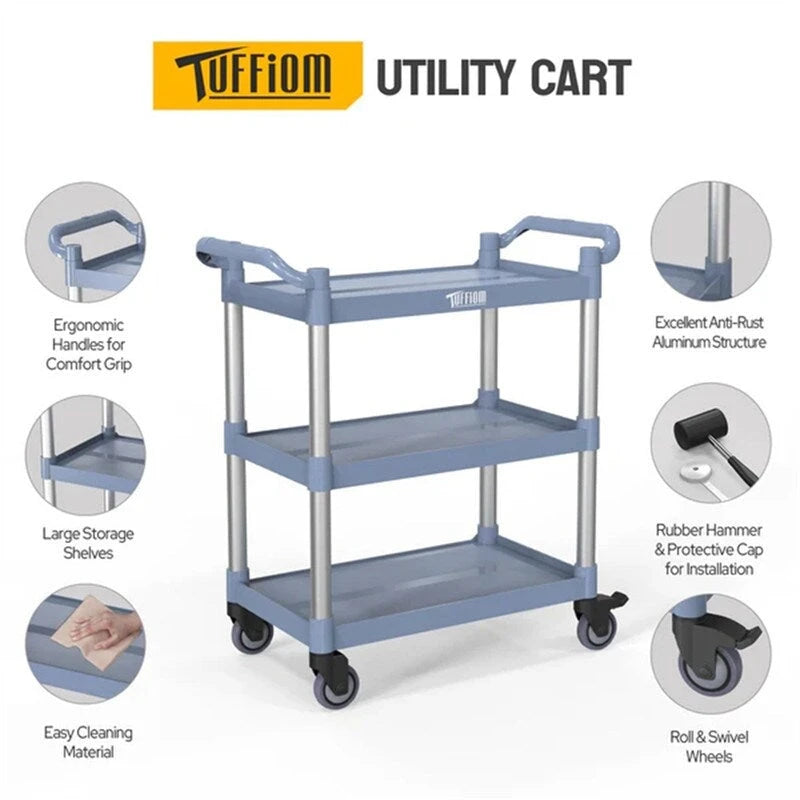 Chariot de service en plastique à 3 niveaux avec roues, capacité de 177 kg, gris