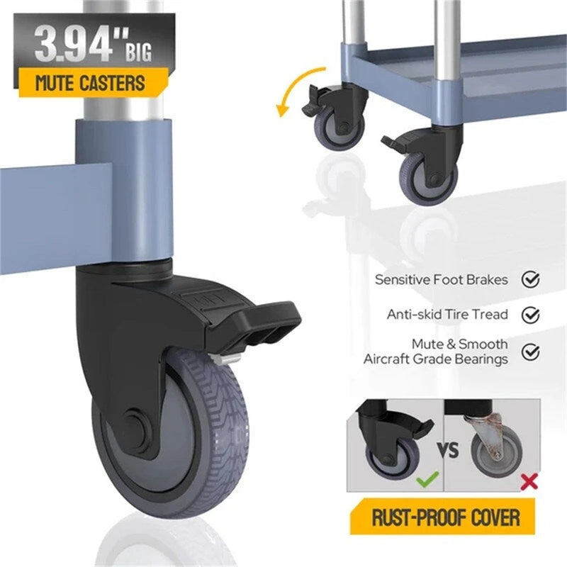 Chariot de service en plastique à 3 niveaux avec roues, capacité de 177 kg, gris