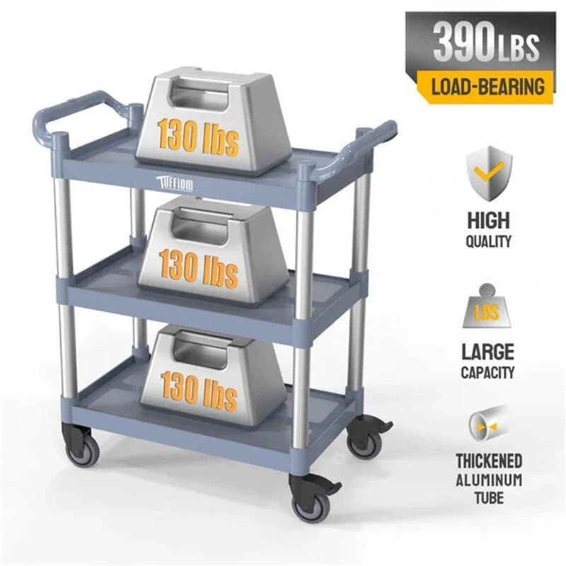Chariot de service en plastique à 3 niveaux avec roues, capacité de 177 kg, gris