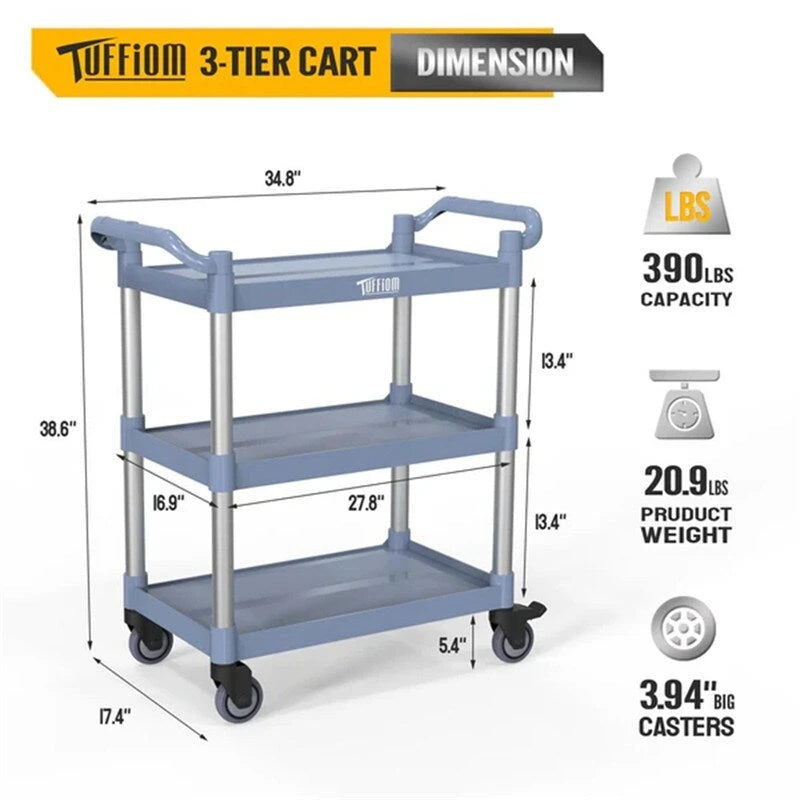 Chariot de service en plastique à 3 niveaux avec roues, capacité de 177 kg, gris
