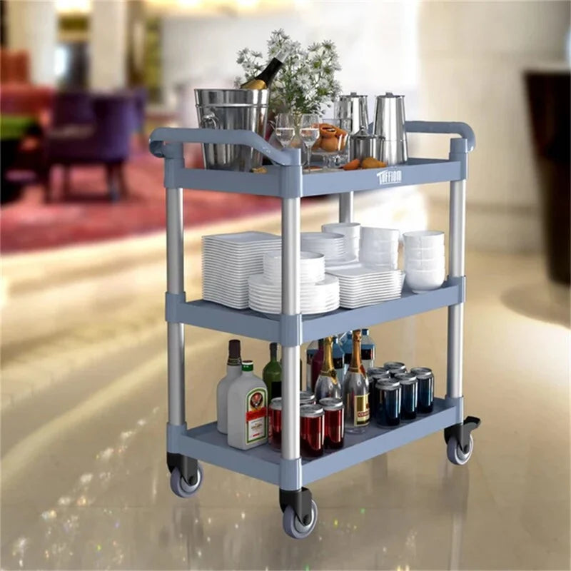 Chariot de service en plastique à 3 niveaux avec roues, capacité de 177 kg, gris