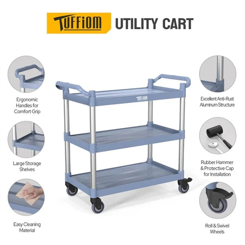 Chariot de service en plastique à 3 niveaux avec roues, capacité de 177 kg, gris