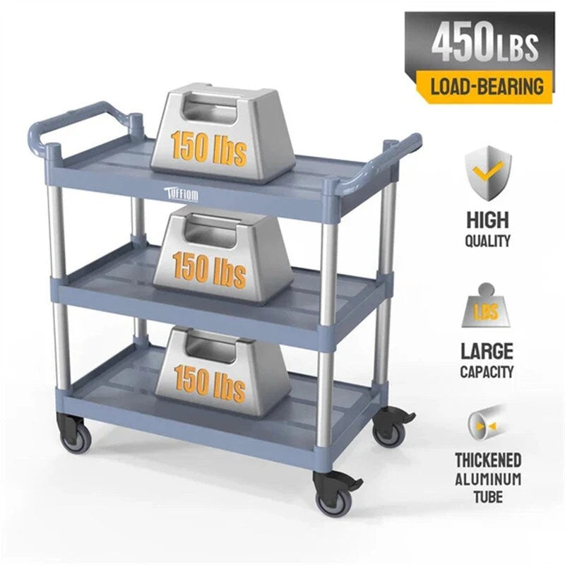 Chariot de service en plastique à 3 niveaux avec roues, capacité de 177 kg, gris