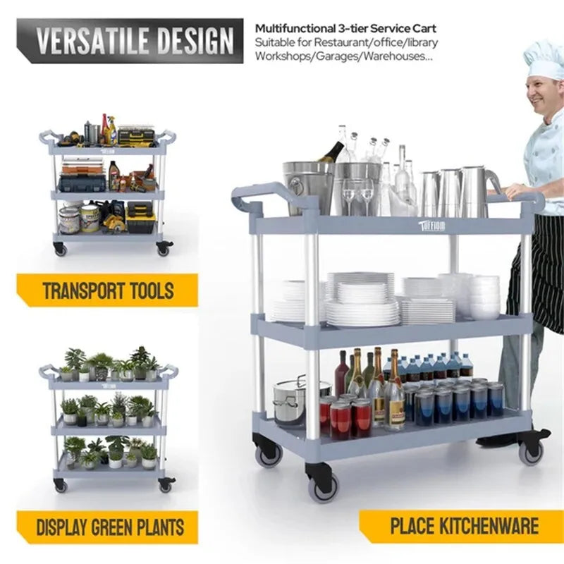 Chariot de service en plastique à 3 niveaux avec roues, capacité de 177 kg, gris