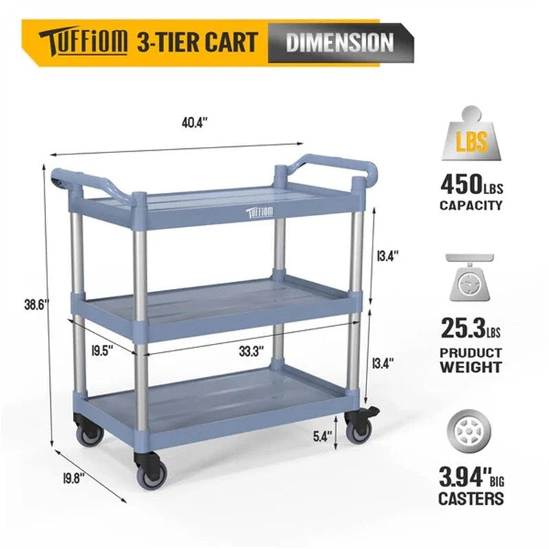 Chariot de service en plastique à 3 niveaux avec roues, capacité de 177 kg, gris