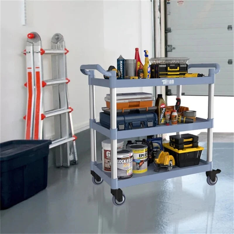 Chariot de service en plastique à 3 niveaux avec roues, capacité de 177 kg, gris