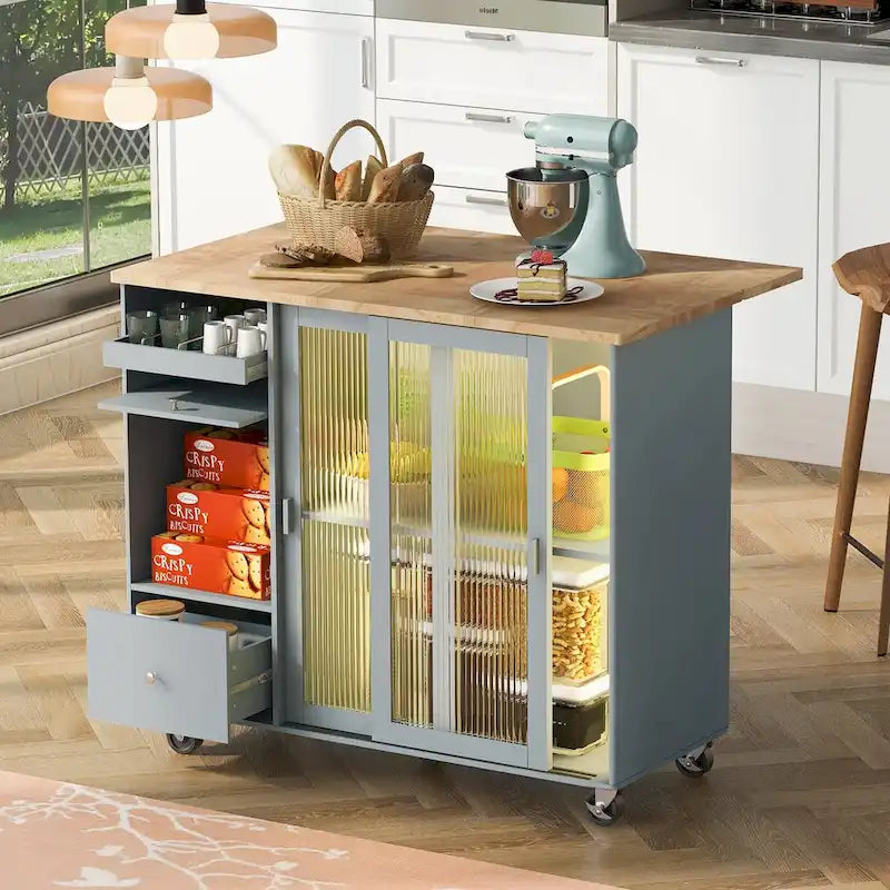 Kitchen Island with Drop Leaf,Light Cart on Wheels with 2 Glass and 1 Flip Cabinet Door,Island Cart with an Shelf and 2 Drawers