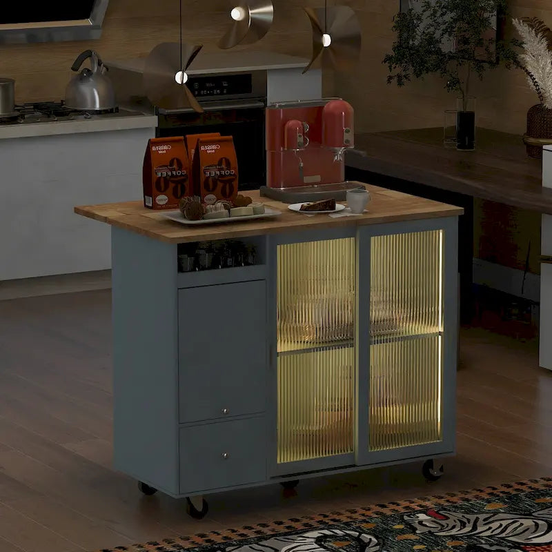 Îlot de cuisine avec abattant, Desserte légère sur roulettes avec 2 portes vitrées et 1 porte abattante, Desserte avec une étagère et 2 tiroirs