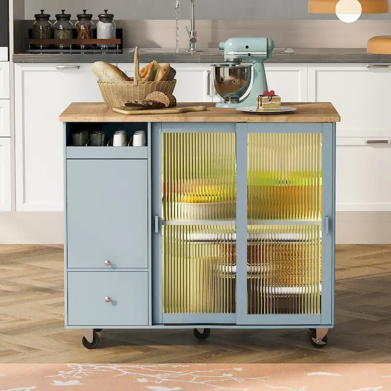 Îlot de cuisine avec abattant, Desserte légère sur roulettes avec 2 portes vitrées et 1 porte abattante, Desserte avec une étagère et 2 tiroirs