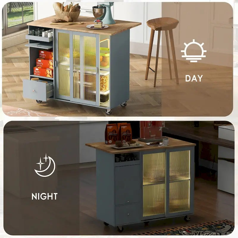 Îlot de cuisine avec abattant, Desserte légère sur roulettes avec 2 portes vitrées et 1 porte abattante, Desserte avec une étagère et 2 tiroirs
