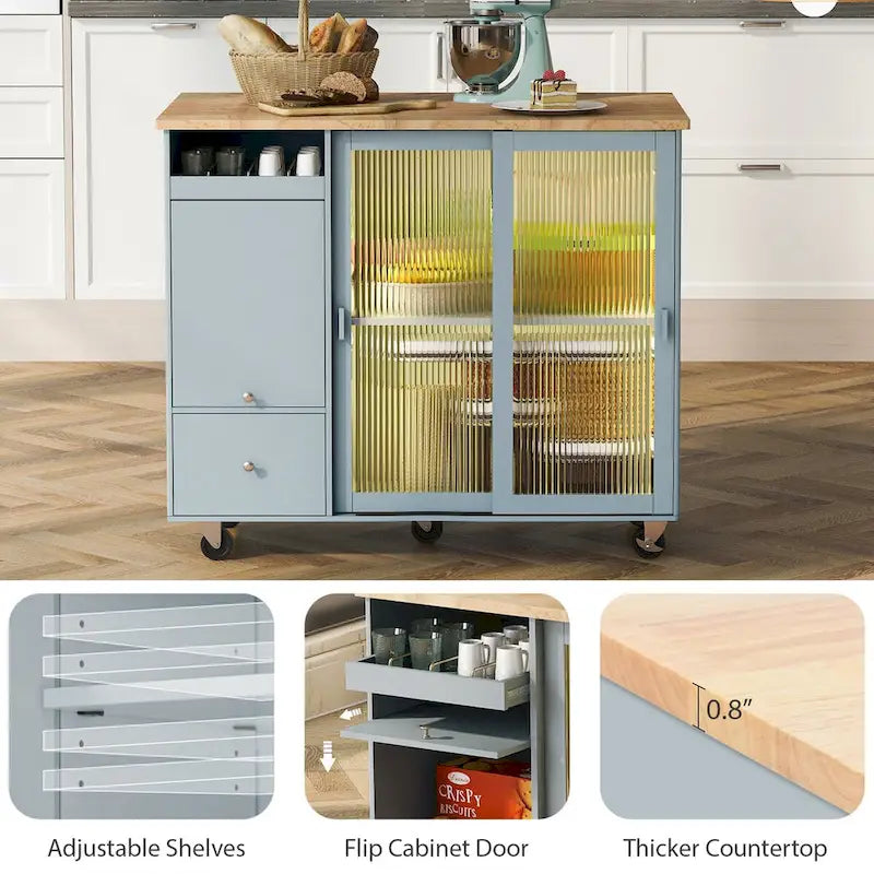 Îlot de cuisine avec abattant, Desserte légère sur roulettes avec 2 portes vitrées et 1 porte abattante, Desserte avec une étagère et 2 tiroirs