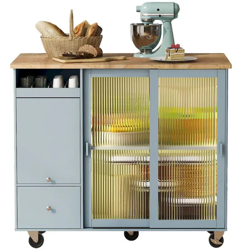 Îlot de cuisine avec abattant, Desserte légère sur roulettes avec 2 portes vitrées et 1 porte abattante, Desserte avec une étagère et 2 tiroirs