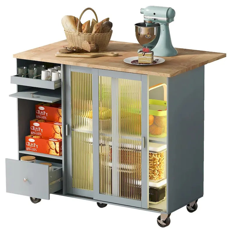 Îlot de cuisine avec abattant, Desserte légère sur roulettes avec 2 portes vitrées et 1 porte abattante, Desserte avec une étagère et 2 tiroirs
