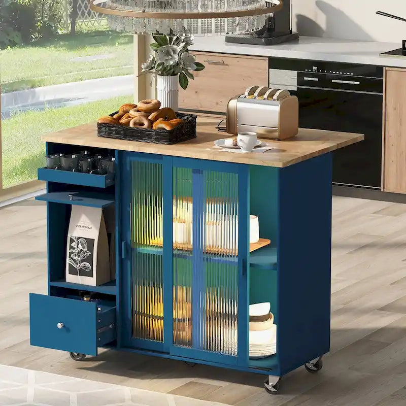 Îlot de cuisine avec abattant, Desserte légère sur roulettes avec 2 portes vitrées et 1 porte abattante, Desserte avec une étagère et 2 tiroirs
