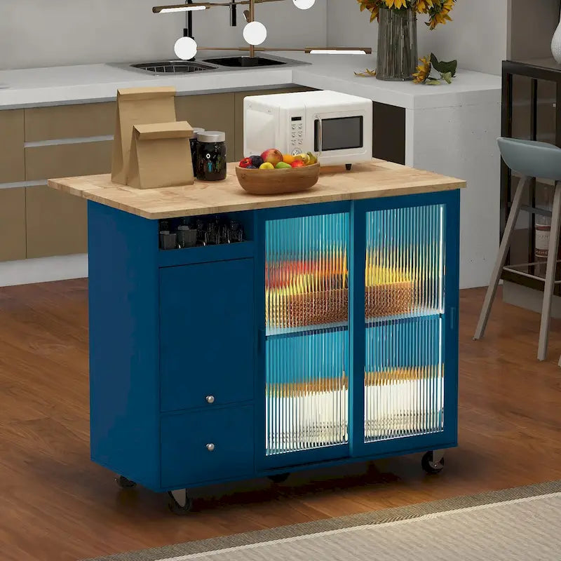 Îlot de cuisine avec abattant, Desserte légère sur roulettes avec 2 portes vitrées et 1 porte abattante, Desserte avec une étagère et 2 tiroirs