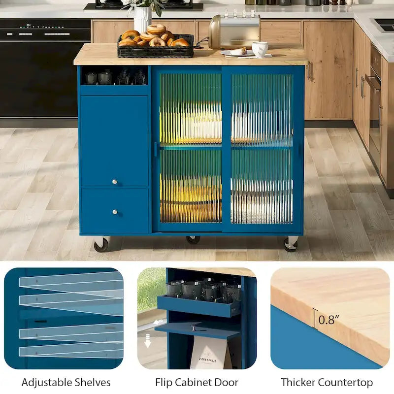 Îlot de cuisine avec abattant, Desserte légère sur roulettes avec 2 portes vitrées et 1 porte abattante, Desserte avec une étagère et 2 tiroirs