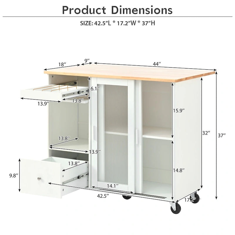 Îlot de cuisine avec abattant, Desserte légère sur roulettes avec 2 portes vitrées et 1 porte abattante, Desserte avec une étagère et 2 tiroirs