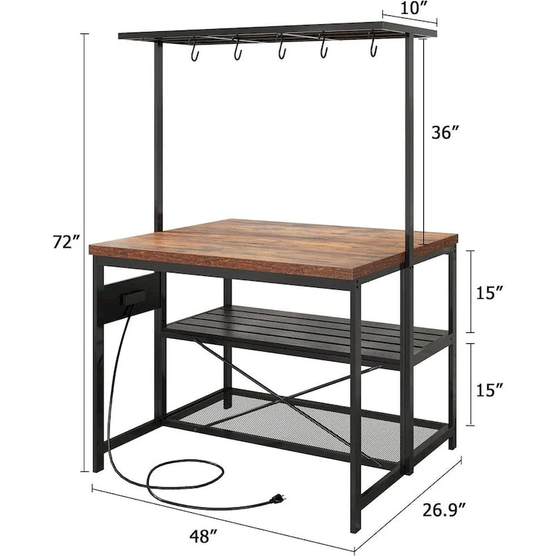 Table îlot de cuisine à 3 niveaux avec étagère de rangement et crochets (47) – N/D