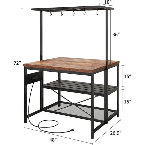 Table îlot de cuisine à 3 niveaux avec étagère de rangement et crochets (47) – N/D