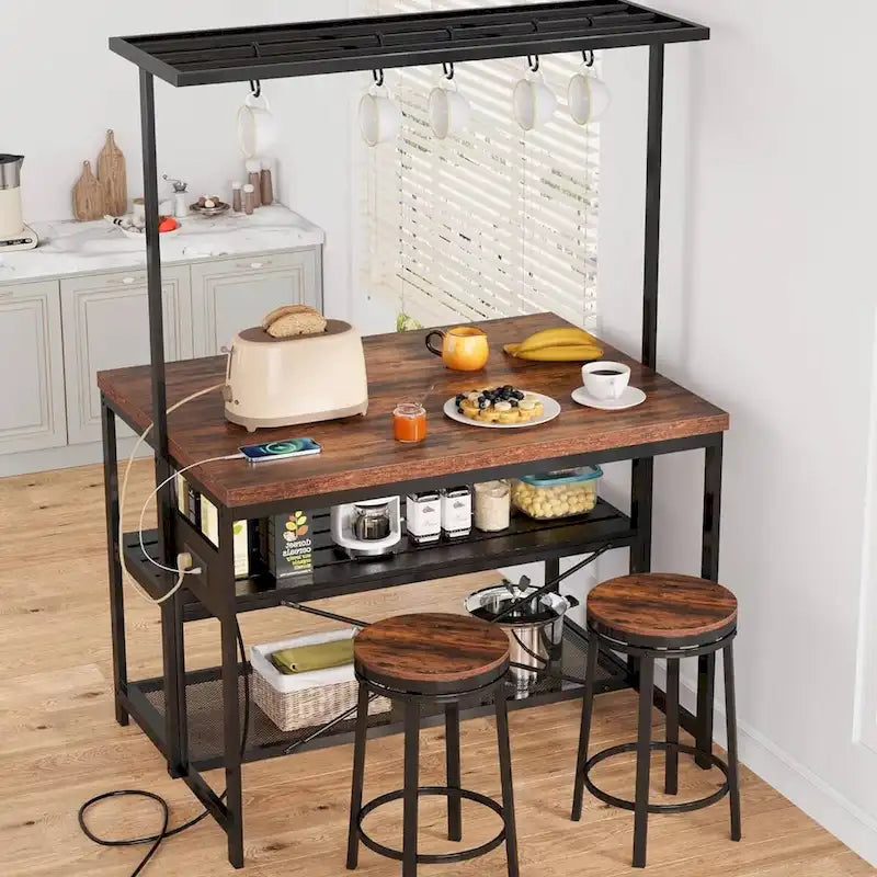 Table îlot de cuisine à 3 niveaux avec étagère de rangement et crochets (47) – N/D