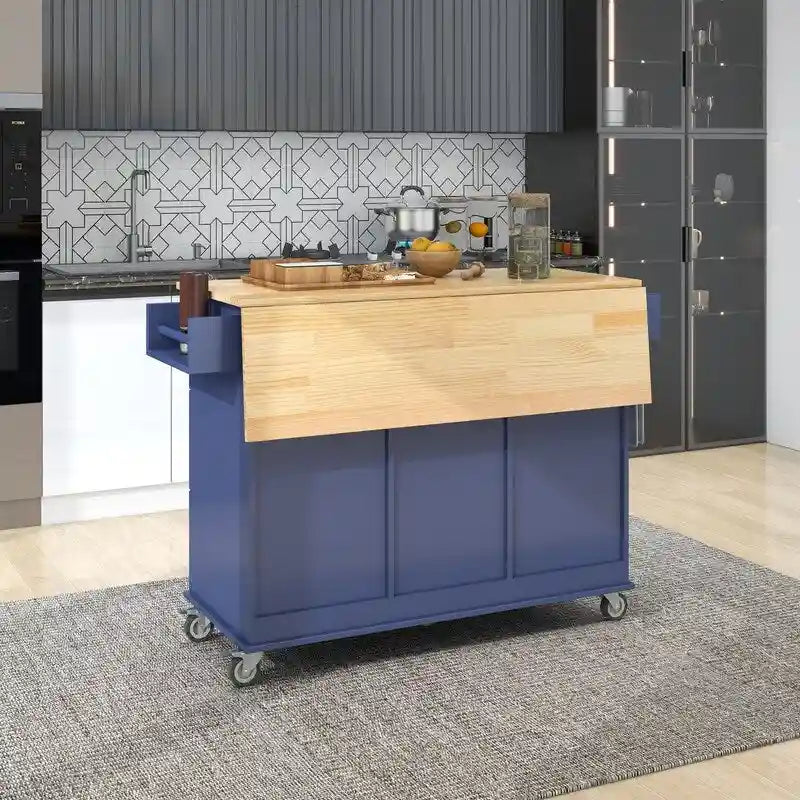 Îlot de cuisine roulant avec plateau en bois massif et roulettes verrouillables, rabat mobile
