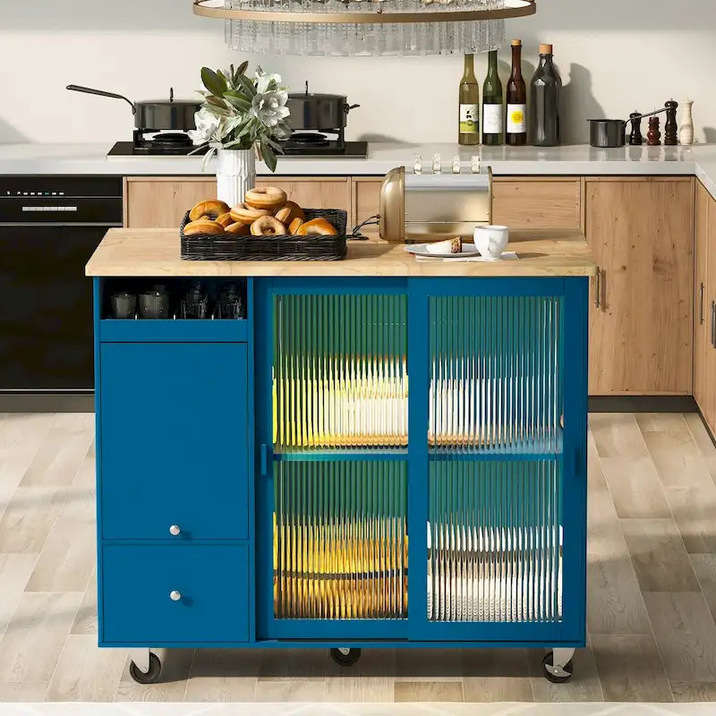 Desserte de cuisine en bois d'hévéa avec abattant, étagère de rangement interne, porte d'armoire basculante et 2 tiroirs