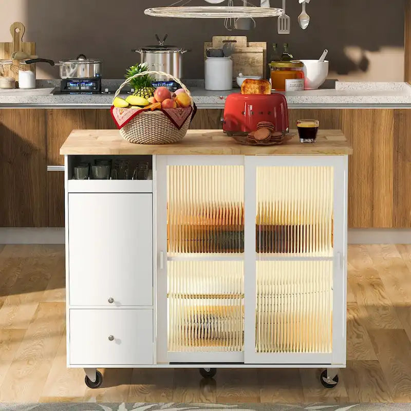 Rubberwood Kitchen Cart with Drop Leaf, Internal Storage Rack, Flip Cabinet Door, and 2 Drawers
