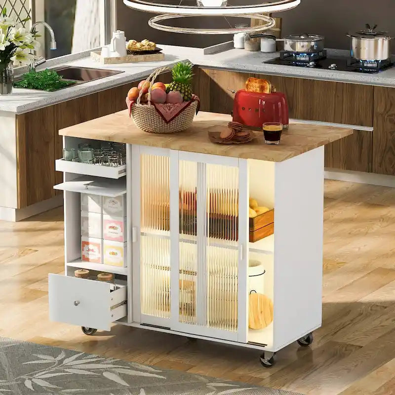 Desserte de cuisine en bois d'hévéa avec abattant, étagère de rangement interne, porte d'armoire basculante et 2 tiroirs